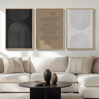 Large Framed Black and White Neutral Abstract Wall Art for Living Room, 3 Piece Boho Canvas Prints Paintings Artwork for Walls, Minimalist Geometric Pictures for Hallway Office Wall Decor 24x36 In